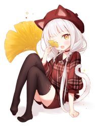 Rule 34 | 1girl, animal ears, animal hat, beret, black thighhighs, blush, cat ears, cat girl, cat hat, cat tail, fake animal ears, fang, full body, ginkgo leaf, ginkgo tree, gomzi, hat, holding legs, jacket, knees up, leaf, long hair, long sleeves, no shoes, one eye closed, open mouth, original, plaid, plaid jacket, puffy long sleeves, puffy sleeves, red hat, red jacket, red shorts, shadow, short shorts, shorts, signature, silver hair, sitting, solo, tail, thighhighs, very long hair, white background, yellow eyes
