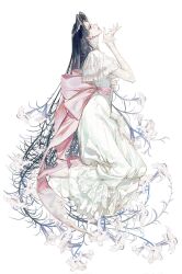 Rule 34 | 1girl, acyantree, back bow, barefoot, black hair, bow, closed eyes, dress, flower, frilled dress, frills, from side, full body, hand up, highres, lily (flower), long dress, long hair, long sleeves, looking up, original, parted lips, pink bow, profile, sash, simple background, solo, very long hair, white background, white dress, white flower