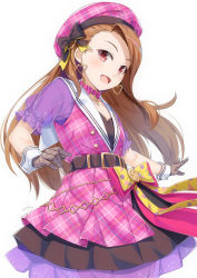 Rule 34 | 1girl, :d, belt, belt buckle, beret, black belt, black bow, black dress, bow, brown gloves, brown hair, buckle, collar, commentary request, dress, earrings, fishnet gloves, fishnets, forehead, gloves, hat, hat bow, heart, heart earrings, idolmaster, idolmaster (classic), jacket, jewelry, long hair, looking at viewer, minase iori, miri (ago550421), open mouth, pink bow, pink collar, pink hat, pink jacket, plaid, plaid headwear, plaid jacket, pleated dress, polka dot, polka dot bow, puffy short sleeves, puffy sleeves, red eyes, see-through, see-through sleeves, short sleeves, simple background, smile, solo, very long hair, white background, yellow bow