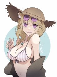 Rule 34 | 1girl, animal ears, arknights, bikini, black jacket, braid, breasts, brown hair, brown hat, character name, cleavage, collarbone, commentary, front-tie top, glasses, grey bikini, hair ornament, hat, highres, jacket, large breasts, long hair, looking at viewer, medium hair, navel, off shoulder, official alternate costume, one-hour drawing challenge, open clothes, open jacket, pince-nez, purple-tinted eyewear, purple eyes, simple background, solo, straw hat, striped bikini, striped clothes, swimsuit, swimsuit cover-up, tinted eyewear, upper body, utage (arknights), utage (summer flowers) (arknights), vhdtyzusixc7fai, white background, x hair ornament