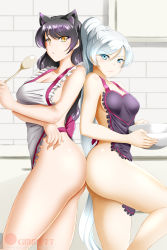 Rule 34 | 2girls, animal ears, apron, ass, ass-to-ass, back-to-back, black hair, blake belladonna, blue eyes, blush, breasts, cat ears, cleavage, highres, kimmy77, multiple girls, naked apron, rwby, sideboob, weiss schnee, white hair, yellow eyes