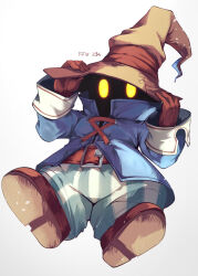 Rule 34 | 1boy, anniversary, belt, belt buckle, black mage (final fantasy), blue coat, brown belt, brown footwear, brown gloves, buckle, coat, commentary, final fantasy, final fantasy ix, full body, gloves, glowing, glowing eyes, gradient background, hands on headwear, hands up, hat, highres, long sleeves, male focus, pants, popped collar, risumi (taka-fallcherryblossom), solo, striped clothes, striped pants, vivi ornitier, wizard hat, yellow eyes, yellow hat