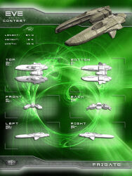 Rule 34 | 3d, commentary, concept art, copyright name, eve online, frigate (eve online), from above, from behind, from below, from side, green theme, highres, logo, military, military vehicle, mystic-galaxy, no humans, original, science fiction, spacecraft, thrusters, vehicle focus