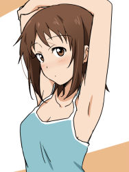 Rule 34 | 1girl, armpits, arms up, brown eyes, brown hair, camisole, ikari manatsu, short hair, solo, takanashi nazuna, working!!
