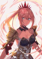 Rule 34 | 1girl, absurdres, armor, blue eyes, braid, breasts, cleavage, closed mouth, dress, hair between eyes, highres, lace sleeves, long hair, looking at viewer, magic, medium breasts, pink hair, plate armor, ponytail, shionne (tales), shoulder armor, side braid, sidelocks, solo, suyansuya, tales of (series), tales of arise, very long hair, white background, white dress