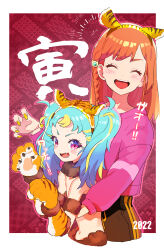 Rule 34 | 2022, 2girls, :d, ^ ^, animal ears, animal hands, animal print, blonde hair, blue hair, blush, border, braid, brown pants, claws, closed eyes, commentary request, cropped legs, facing viewer, fake animal ears, fur collar, gloves, hairband, hands up, height difference, hibino matsuri, highres, hug, hug from behind, long hair, looking at viewer, moudoku (decopon3rd), multicolored hair, multiple girls, myamu, navel, open mouth, orange hair, orange hairband, pants, paw gloves, paw pose, pink sweater, pretty series, purple eyes, red background, side braid, smile, streaked hair, sweater, tiger ears, tiger print, translation request, twintails, waccha primagi!, white border