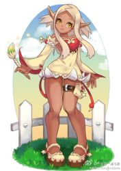 Rule 34 | 1girl, bare shoulders, breasts, brush, dark-skinned female, dark skin, detached sleeves, dress, eniripsa, kinippuu, mary janes, paintbrush, pigeon-toed, pointy ears, pouch, shoes, short dress, sidelocks, silver hair, solo, strapless, strapless dress, thigh pouch, wakfu, yellow eyes