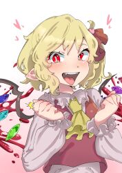 Rule 34 | 1girl, ascot, blonde hair, blood, blood splatter, collar, collared shirt, commentary request, crystal, crystal wings, fangs, flandre scarlet, frilled collar, frilled sleeves, frills, gradient background, hair ornament, hair ribbon, hands up, heart, heart hair ornament, highres, light blush, long sleeves, looking at viewer, medium hair, no headwear, open mouth, pointy ears, puffy long sleeves, puffy sleeves, red eyes, red ribbon, red vest, ribbon, shirt, side ponytail, slit pupils, smile, sobayu to tenpura, solo, teeth, touhou, upper body, upper teeth only, vest, white shirt, wings, yellow ascot