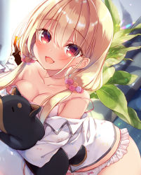 Rule 34 | 1girl, :d, animal, bare shoulders, blonde hair, blush, bow, bow panties, breasts, cleavage, collarbone, commentary request, dog, frilled panties, frilled pillow, frills, hair between eyes, hair over shoulder, indoors, long hair, low twintails, medium breasts, no pants, off shoulder, open mouth, original, panties, pillow, red eyes, sazaki ichiri, shirt, smile, solo, twintails, underwear, white panties, white shirt