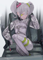 Rule 34 | 1girl, absurdres, bodysuit, breasts, cable, gloves, green eyes, grey gloves, grey hair, hair ornament, heterochromia, highres, long sleeves, looking at viewer, neon (saaal653), original, pink eyes, saaal653, shrug (clothing), sitting, small breasts, solo, thigh strap, twintails