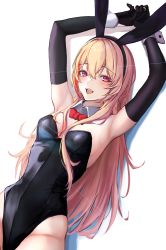 Rule 34 | 1girl, 3 small spiders, absurdres, animal ears, armpits, arms up, black leotard, blonde hair, bow, bowtie, breasts, cowboy shot, detached collar, fake animal ears, girls&#039; frontline, highres, leotard, long hair, m4 sopmod ii (girls&#039; frontline), medium breasts, multicolored hair, playboy bunny, rabbit ears, strapless, strapless leotard, streaked hair, white background, white wrist cuffs, wrist cuffs