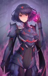Rule 34 | 1girl, absurdres, artist name, bodysuit, breasts, closed mouth, commentary, cowboy shot, dark persona, doiparuni, expressionless, fire, hand up, highres, looking at viewer, medium breasts, purple hair, pyra (xenoblade), red eyes, short hair, solo, swept bangs, tiara, xenoblade chronicles (series), xenoblade chronicles 2, xenoblade chronicles 3