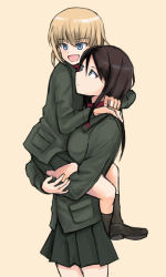Rule 34 | 10s, 2girls, arms around neck, beige background, black skirt, black socks, blonde hair, blue eyes, carrying, carrying person, child carry, closed mouth, commentary, expressionless, fang, girls und panzer, green jacket, jacket, katyusha (girls und panzer), loafers, long hair, long sleeves, looking at another, looking back, miniskirt, multiple girls, mutsu (layergreen), nonna (girls und panzer), open mouth, pleated skirt, pravda school uniform, red shirt, school uniform, shirt, shoes, short hair, skirt, smile, socks, standing, swept bangs, turtleneck