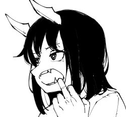 Rule 34 | 1girl, aoki ruri, dragon girl, dragon horns, fangs, finger in own mouth, greyscale, highres, horns, looking away, masruu, medium hair, monochrome, open mouth, parted bangs, portrait, ruri dragon, shirt, simple background, solo, teeth, white background