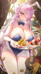 Rule 34 | absurdres, animal ears, azur lane, bare shoulders, blue bow, blue bowtie, blue eyes, blue leotard, blush, bow, bowtie, braid, breasts, cherry, cleavage, coin, detached collar, elbow gloves, fake animal ears, food, fruit, gloves, hair ornament, hair over one eye, hairband, highres, large breasts, leotard, long hair, looking at viewer, louisville (an order of dreams) (azur lane), louisville (azur lane), off shoulder, one eye covered, parted lips, pink hair, playboy bunny, rabbit ears, solo, tansuan (ensj3875), thighs, white gloves, white hairband
