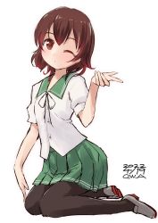 Rule 34 | 1girl, artist name, black pantyhose, blowing kiss, brown hair, commentary request, dated, full body, gradient hair, green sailor collar, green skirt, highres, kantai collection, kneeling, looking at viewer, multicolored hair, mutsuki (kancolle), one-hour drawing challenge, owa (ishtail), pantyhose, pleated skirt, red hair, sailor collar, school uniform, serafuku, short hair, short sleeves, simple background, skirt, solo, white background