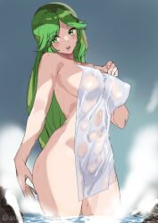 Rule 34 | 1girl, absurdres, ashiomi masato, breasts, covered erect nipples, covering privates, curvy, green eyes, green hair, highres, kid icarus, kid icarus uprising, large breasts, long hair, looking at viewer, nintendo, nude cover, onsen, open mouth, palutena, solo, thick thighs, thighs, towel, wet, wet towel, white towel