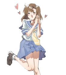 Rule 34 | 1girl, :d, = =, blue sailor collar, blue skirt, blunt ends, blush, brown hair, check commentary, closed eyes, commentary request, dot nose, foot out of frame, heart, highres, higurashi no naku koro ni, ihwa0283, korean commentary, leg up, loafers, medium hair, neckerchief, open mouth, parted bangs, pleated skirt, ryuuguu rena, sailor collar, school uniform, serafuku, shirt, shoes, simple background, skirt, smile, socks, solo, standing, standing on one leg, steepled fingers, take it home, white background, white shirt, white socks, yellow neckerchief