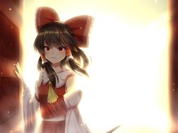 Rule 34 | 1girl, angry, ascot, backlighting, bow, brown hair, collar, detached sleeves, door, doorway, gohei, hair bow, hair tubes, hakurei reimu, highres, light, medium hair, nontraditional miko, open door, opening door, pov doorway, red bow, red eyes, red shirt, red skirt, shirt, skirt, skirt set, sleeveless, solo, standing, touhou, v-shaped eyebrows, white collar, yellow ascot, yosshy