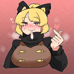 Rule 34 | 1girl, black bow, black shirt, blonde hair, blush, bow, breasts, bright pupils, brown dress, closed mouth, commentary request, condom, condom in mouth, dress, finger heart, hair bow, hair bun, heart, highres, kurodani yamame, large breasts, long sleeves, looking at viewer, mouth hold, nose blush, penis, pinafore dress, pink background, red eyes, rinyamame, shirt, short hair, sleeveless dress, smile, solo, touhou, turtleneck, upper body, used condom, white pupils