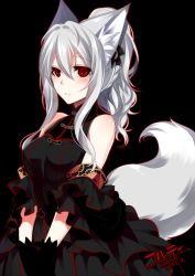 Rule 34 | 1girl, :o, animal ears, bare shoulders, black background, black bow, black dress, black gloves, blush, bow, commentary request, dated, dress, fox ears, fox tail, gloves, grey hair, hair between eyes, hair bow, konshin, layered dress, looking at viewer, original, parted lips, ponytail, red eyes, signature, smile, solo, tail, upper body