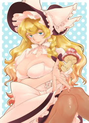 Rule 34 | 1girl, blonde hair, blue eyes, bonnet, braid, breasts, cleavage, colored eyelashes, eyelashes, female focus, hat, highres, huge breasts, invincible marisa, kirisame marisa, large breasts, long hair, new super marisa land, solo, touhou, witch, witch hat, yumiya