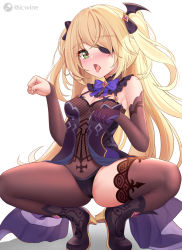 Rule 34 | 1girl, animal hands, bare shoulders, black footwear, black ribbon, blonde hair, blush, bodystocking, boots, bow, bowtie, breasts, brown thighhighs, cameltoe, collarbone, commission, detached sleeves, eyepatch, fischl (genshin impact), genshin impact, gloves, green eyes, hair ribbon, heart, heart-shaped pupils, high heel boots, high heels, highres, icwine, knee boots, long hair, looking at viewer, one eye covered, open mouth, paw gloves, paw pose, pixiv commission, purple bow, purple bowtie, purple gloves, ribbon, single glove, single thighhigh, small breasts, solo, spread legs, squatting, symbol-shaped pupils, thighhighs, tongue, tongue out, twitter username, two side up, very long hair, white background