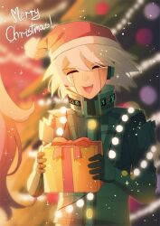 Rule 34 | 1boy, :d, android, armor, blurry, blurry background, box, cheer (cheerpuppy14), christmas tree, closed eyes, danganronpa: trigger happy havoc, danganronpa (series), facing viewer, gift, gift box, grey hair, happy, hat, headphones, highres, holding, holding box, k1-b0, merry christmas, open mouth, power armor, red hat, santa hat, short hair, smile, solo, teeth, upper teeth only