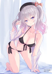 Rule 34 | 1girl, absurdres, artist name, bare shoulders, barefoot, beret, black bra, black hat, black panties, blue eyes, bra, breasts, cleavage, collarbone, full body, grey hair, hair between eyes, hat, highres, hizaka, kantai collection, kashima (kancolle), large breasts, one-hour drawing challenge, open clothes, open shirt, panties, shirt, solo, twintails, twitter username, underwear, wavy hair, white shirt
