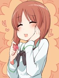 Rule 34 | 10s, 1girl, :t, black neckerchief, blouse, blush, brown eyes, brown hair, cbgb, closed eyes, commentary request, eating, facing viewer, food, girls und panzer, hand on own face, heart, highres, holding, holding food, long sleeves, neckerchief, nishizumi miho, ooarai school uniform, open mouth, school uniform, serafuku, shirt, short hair, solo, standing, upper body, white shirt