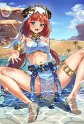 Rule 34 | 1girl, :d, aqua eyes, arms behind back, blue bow, blue gemstone, bow, breasts, bubble, clothing cutout, crop top, feet, full body, gem, genshin impact, gold trim, harem outfit, highres, horns, kadokadokado, long hair, long sleeves, looking at viewer, low twintails, medium breasts, nail polish, navel, nilou (genshin impact), open mouth, outdoors, outstretched hand, parted bangs, pelvic curtain, puffy long sleeves, puffy sleeves, red hair, see-through, sitting, skirt, smile, spread legs, stomach, thighs, toenail polish, toenails, twintails, veil, water, wet, wet clothes