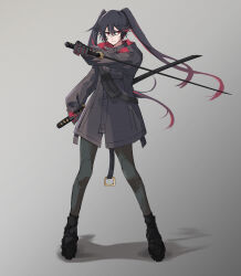 Rule 34 | absurdres, black hair, black jacket, dual wielding, gradient hair, grey background, hair between eyes, highres, holding, holding sword, holding weapon, jacket, katana, long hair, long sleeves, lucia (punishing: gray raven), mechanical arms, mechanical legs, multicolored hair, parted bangs, punishing: gray raven, red eyes, red hair, sidelocks, streaked hair, sword, twintails, weapon, wuyishi