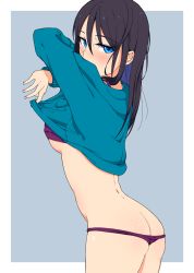 Rule 34 | 1girl, ass, black hair, blue eyes, blue sweater, blush, bra, butt crack, clothes lift, covered mouth, cowboy shot, fingernails, from side, grey background, hi iro, highres, lifting own clothes, long sleeves, looking at viewer, looking back, nail polish, original, panties, pink nails, purple bra, purple panties, simple background, solo, standing, sweater, sweater lift, underwear, undressing