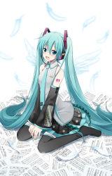 Rule 34 | 1girl, aqua eyes, aqua hair, aqua necktie, bare shoulders, between legs, black skirt, black thighhighs, blush, commentary, detached sleeves, feathered wings, feathers, full body, hair ornament, hand between legs, hatsune miku, headphones, headset, highres, long hair, looking at viewer, nail polish, necktie, open mouth, paper, sheet music, shirt, shoulder tattoo, sitting, skirt, sleeveless, sleeveless shirt, smile, solo, sudachi (calendar), tattoo, thighhighs, twintails, very long hair, vocaloid, wariza, wings