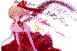 Rule 34 | 1girl, aged up, alternate costume, bad id, bad pixiv id, blonde hair, blush, breasts, crying, disintegration, dress, earrings, elbow gloves, flandre scarlet, gloves, glowing, hair ribbon, highres, jewelry, light smile, looking at viewer, necklace, puffy short sleeves, puffy sleeves, red dress, red eyes, ribbon, shards, short hair, short sleeves, side ponytail, simple background, skirt hold, slit pupils, small breasts, solo, storia0628, streaming tears, tears, touhou, white background, wings