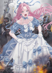 Rule 34 | 1girl, :o, blue dress, blue eyes, blue ribbon, blurry, blurry foreground, bow, dress, earrings, frilled dress, frills, gloves, glowing, glowing eyes, hair ribbon, highres, jewelry, looking at viewer, original, outdoors, panicking, pink hair, red eyes, ribbon, skirt hold, unjem, utility pole, white bow, white gloves, zombie