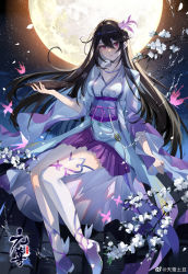Rule 34 | 1girl, absurdres, artist request, asymmetrical legwear, backlighting, black hair, bug, butterfly, chinese clothes, flower, glowing butterfly, hanfu, highres, insect, jewelry, long hair, long sleeves, moon, necklace, night, purple eyes, rooftop, sash, second-party source, sitting, solo, yao yao (yuan zun), yuan zun