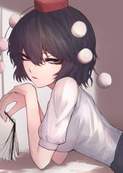 Rule 34 | 33 gaff, absurdres, black hair, black skirt, hat, highres, looking at viewer, notepad, open mouth, pom pom (clothes), red eyes, shameimaru aya, shirt, skirt, tokin hat, touhou, white shirt
