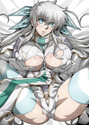 Rule 34 | 10s, 1girl, breasts, cum, drifters, glasses, gloves, grey hair, huge breasts, olmine, striped clothes, striped thighhighs, thighhighs, torn clothes, twintails, uniform