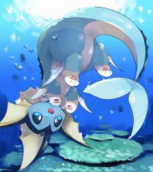 Rule 34 | air bubble, bubble, choko (sweetpocket), creatures (company), fins, game freak, gen 1 pokemon, head fins, highres, looking at viewer, nintendo, no humans, open mouth, pokemon, pokemon (creature), solo, tail, underwater, upside-down, vaporeon