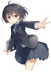 Rule 34 | 1girl, ahoge, backpack, bag, black hair, black jacket, black skirt, blazer, blue bow, bow, brown eyes, closed mouth, collared shirt, commentary request, cropped legs, dress shirt, hair between eyes, highres, jacket, long sleeves, looking at viewer, makadamixa, original, pleated skirt, school uniform, shirt, short hair, simple background, skirt, smile, solo, white background, white shirt