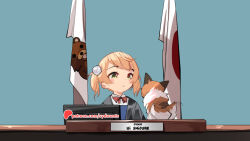 Rule 34 | 1girl, blush stickers, bow, bowtie, commentary, dog, english commentary, green eyes, hair ornament, hammer, holding, holding hammer, indie virtual youtuber, japanese flag, judge, open mouth, patreon username, pedobear, pom pom (clothes), pom pom hair ornament, red bow, red bowtie, shigure ui (vtuber), shigure ui (vtuber) (young), short hair, solo, sydus, tail, tail wagging, twintails, virtual youtuber, watermark, web address