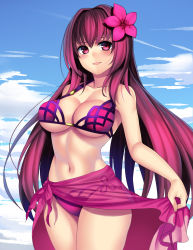 Rule 34 | 1girl, bikini, blush, breasts, cleavage, cloud, cloudy sky, curvy, day, fate/grand order, fate (series), flower, hair flower, hair ornament, highres, large breasts, long hair, looking at viewer, nano (syoutamho), navel, open mouth, outdoors, purple hair, red eyes, sarong, scathach (fate), scathach (fate), scathach (swimsuit assassin) (fate), sky, smile, solo, swimsuit, underboob, wide hips