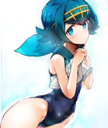 Rule 34 | 1girl, blue eyes, blue hair, creatures (company), game freak, highres, lana (pokemon), looking at viewer, nintendo, nishiide kengorou, one-piece swimsuit, pokemon, pokemon sm, sailor collar, short hair, solo, swimsuit, swimsuit under clothes, upper body