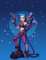 Rule 34 | 1girl, :d, absurdly long hair, alternate costume, arcane: league of legends, arcane jinx, assis (black ilil), bare shoulders, braid, breasts, brown footwear, fingerless gloves, gloves, glowing, gradient background, green background, gun, holding, holding gun, holding weapon, jinx (league of legends), league of legends, long hair, medium breasts, no tattoo, open mouth, pants, pink pants, pixel art, rocket launcher, shoes, smile, torn clothes, torn pants, twin braids, very long hair, weapon