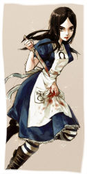 Rule 34 | 1girl, alice: madness returns, alice (alice in wonderland), alice in wonderland, alice liddell (american mcgee&#039;s alice), american mcgee&#039;s alice, american mcgee's alice, black hair, boots, dress, knife, long hair, pantyhose, solo, striped clothes, striped pantyhose, weapon