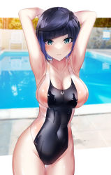 Rule 34 | 1girl, armpits, arms behind head, arms up, bare shoulders, black hair, black one-piece swimsuit, blue hair, blush, bob cut, breasts, cleavage, collarbone, competition swimsuit, covered navel, diagonal bangs, genshin impact, green eyes, highleg, highleg swimsuit, highres, large breasts, looking at viewer, mole, mole on breast, multicolored hair, one-piece swimsuit, pool, poolside, shirosaba, short hair, smile, solo, swimsuit, thighs, two-tone hair, yelan (genshin impact)