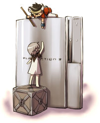 Rule 34 | 1boy, 1girl, box, chibi, climbing, game console, ico, ico (character), on box, playstation 3, product placement, stick, surcoat, takitate, the ico &amp; shadow of the colossus collection, yorda