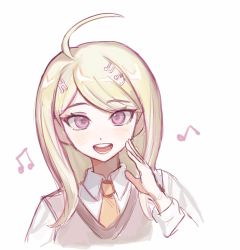 Rule 34 | 1girl, :d, ahoge, akamatsu kaede, akiko 141, beamed eighth notes, blonde hair, collarbone, cropped shoulders, danganronpa (series), danganronpa v3: killing harmony, eighth note, fortissimo, hair ornament, hand up, highres, long hair, long sleeves, looking at viewer, musical note, musical note hair ornament, necktie, open mouth, orange necktie, shirt, simple background, smile, solo, sweater vest, upper body, white background, white shirt