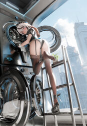 Rule 34 | absurdres, ankle ribbon, black hair, black panties, black thighhighs, blush, building, cherno kegaard, city, cloud, cloudy sky, feet, fine fabric emphasis, from behind, garter straps, high heels, highres, indoors, ladder, laundromat, leg ribbon, long hair, looking back, maid, maid headdress, mr ito, multicolored hair, on ladder, panties, plant, potted plant, ribbon, shoes, single shoe, sky, skyscraper, snowbreak: containment zone, soles, thighhighs, toes, underwear, washing machine, wavy mouth, white eyes, white hair, window